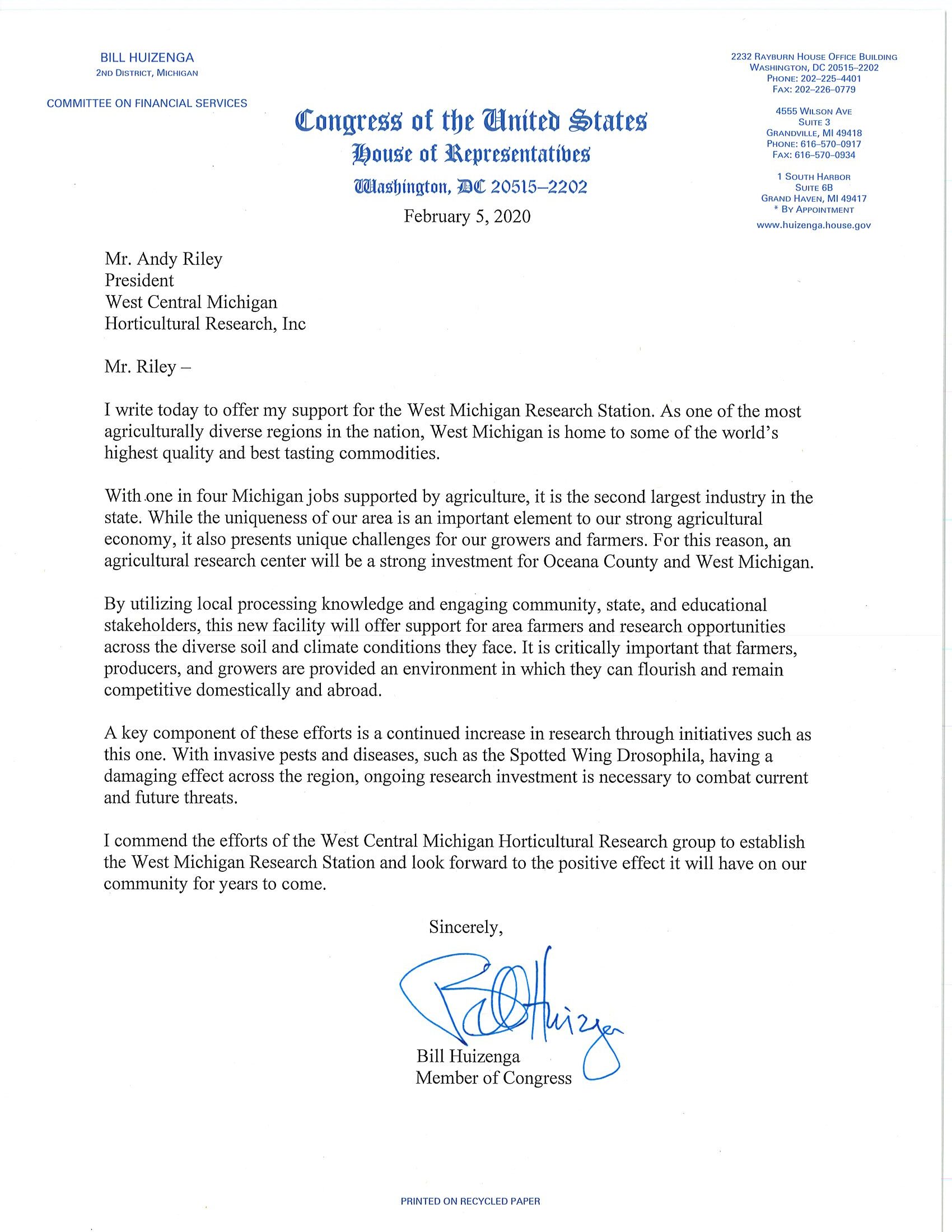 Letter Of Support From Rep. Bill Huizenga – West Michigan Research Station